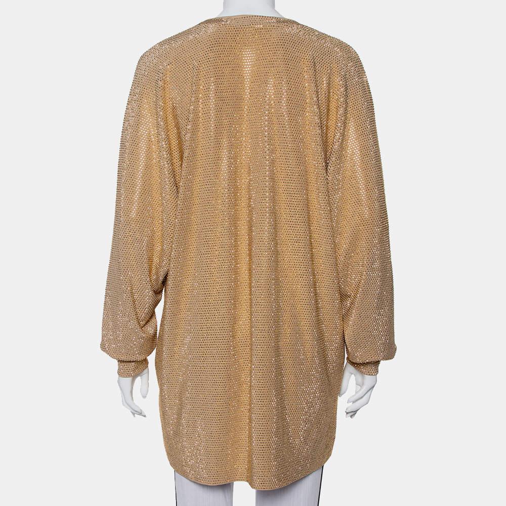Brown Balmain Gold Rhinestone Embellished Knit V-Neck Oversized Top M For Sale