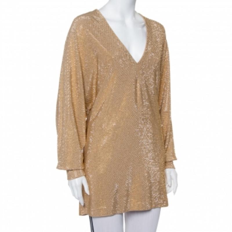 Balmain Gold Rhinestone Embellished Knit V-Neck Oversized Top M In Good Condition For Sale In Dubai, Al Qouz 2