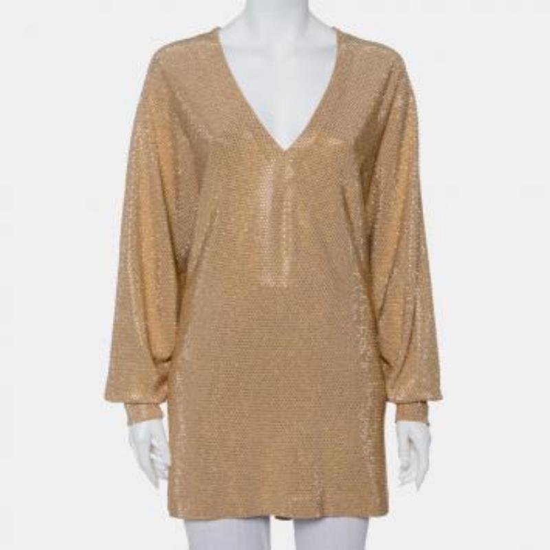 Balmain Gold Rhinestone Embellished Knit V-Neck Oversized Top M For Sale 4