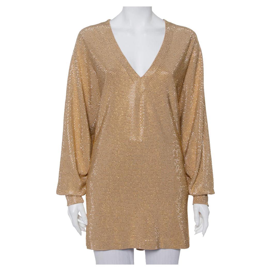 Balmain Gold Rhinestone Embellished Knit V-Neck Oversized Top M en vente