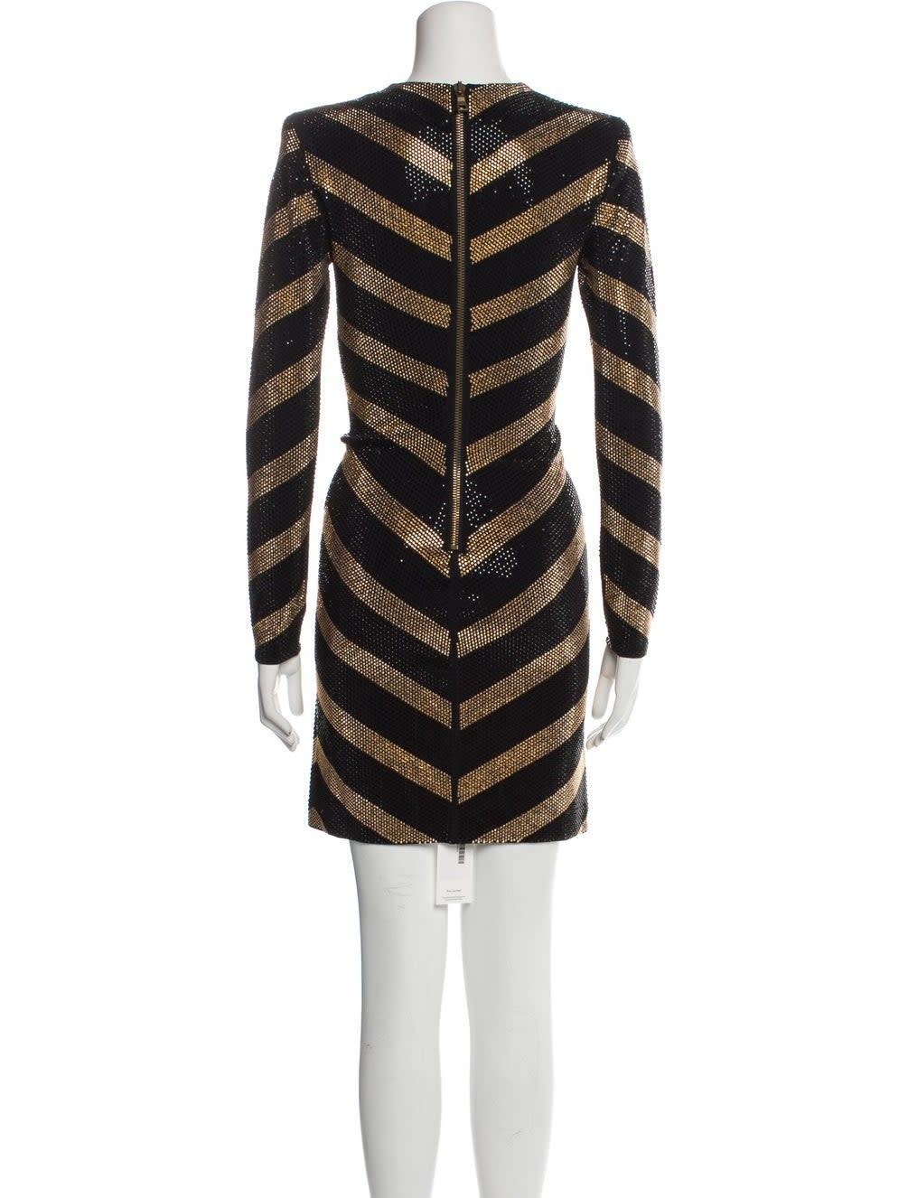 Balmain Gold Striped Black Mini Dress (Medium) In Good Condition For Sale In Montreal, Quebec