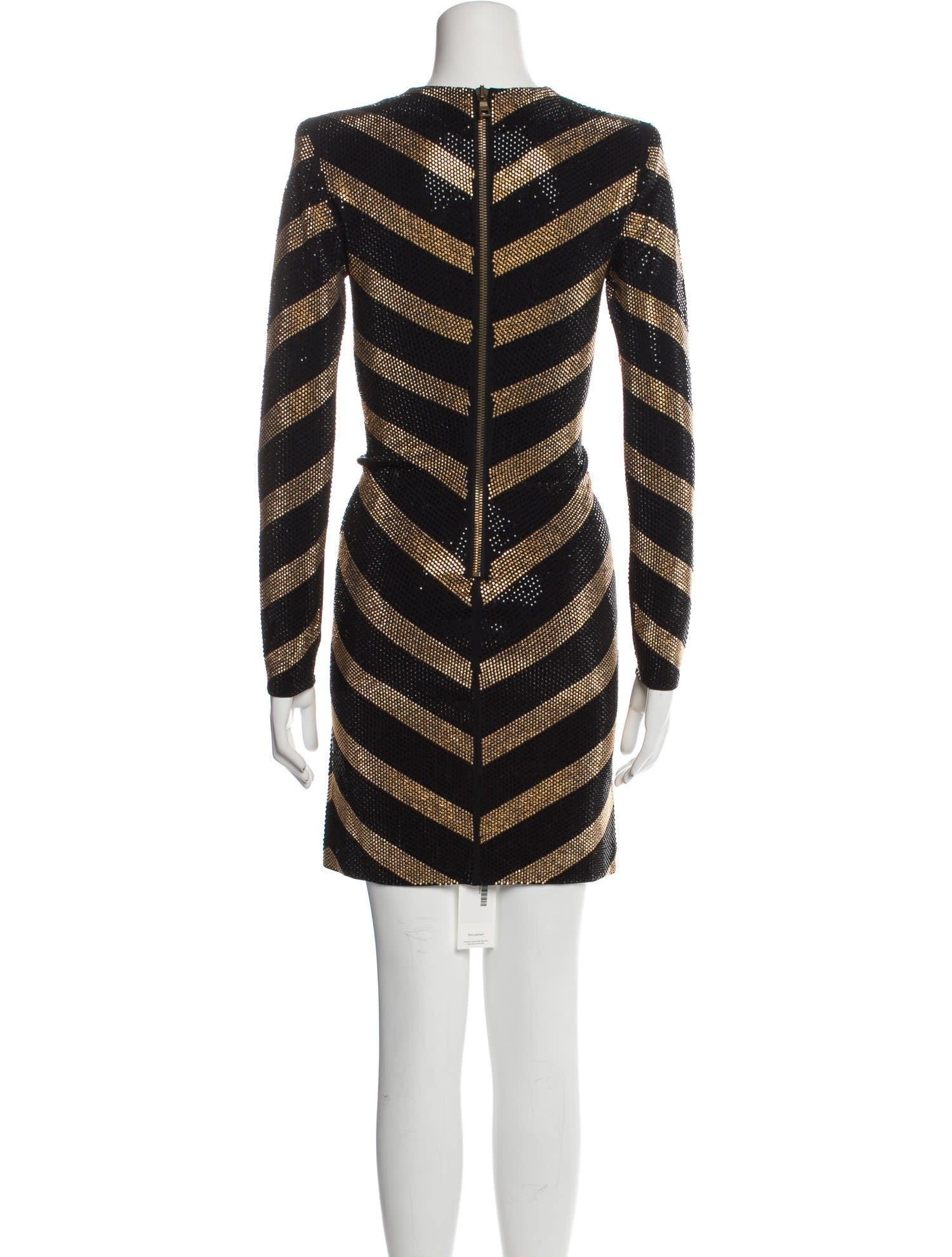 Women's Balmain Gold Striped Black Mini Dress (Medium) For Sale