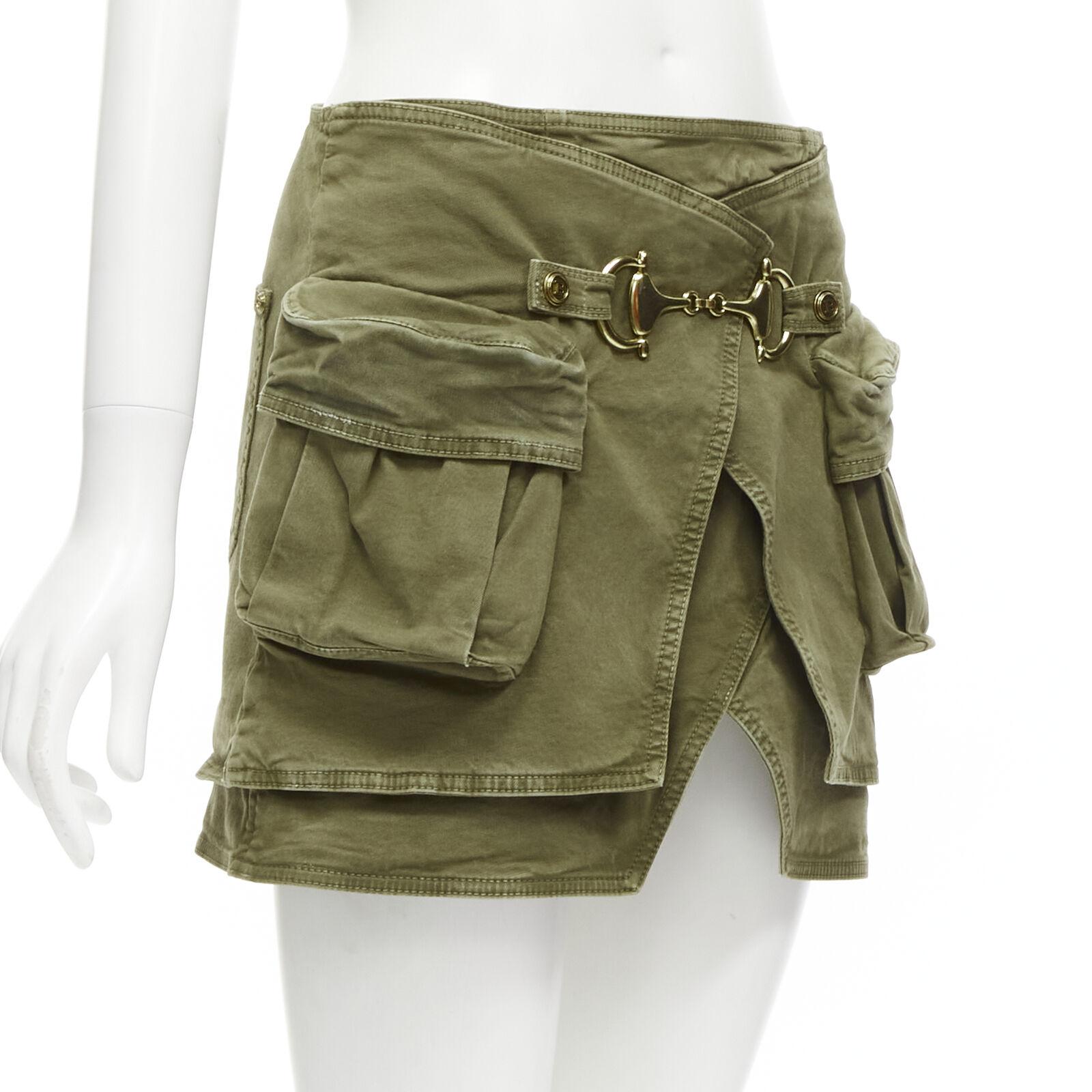 Brown BALMAIN gold tone horsebit buckle green distressed cargo mini skirt FR34 XS For Sale