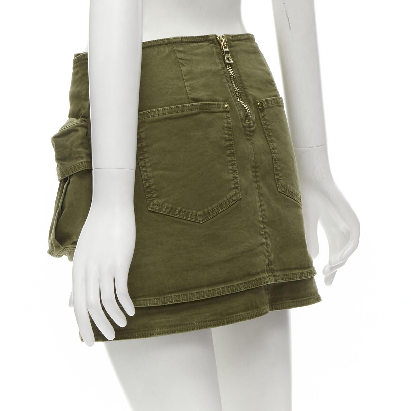 BALMAIN gold tone horsebit buckle green distressed cargo mini skirt FR34 XS For Sale 1