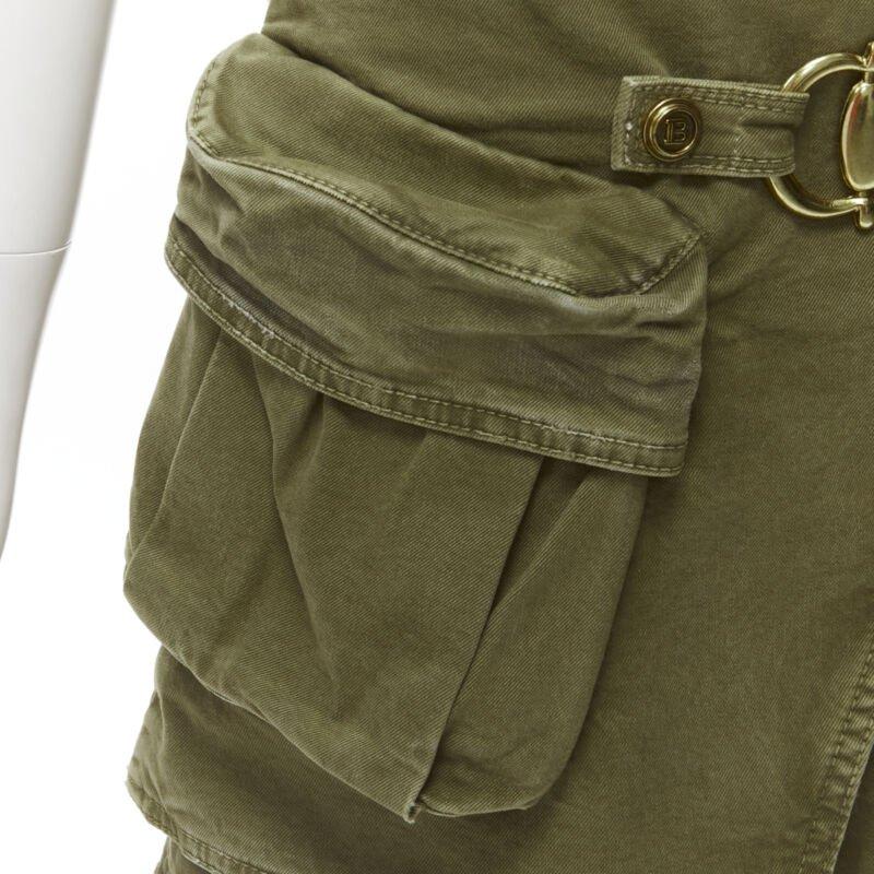 BALMAIN gold tone horsebit buckle green distressed cargo mini skirt FR34 XS For Sale 2