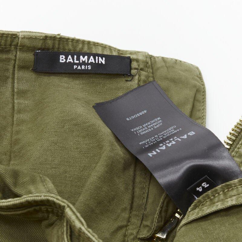 BALMAIN gold tone horsebit buckle green distressed cargo mini skirt FR34 XS For Sale 4