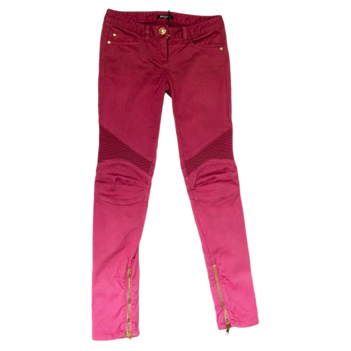 BALMAIN gradient pink cotton DENIM SKINNY BIKER Jeans Pants 36 XS