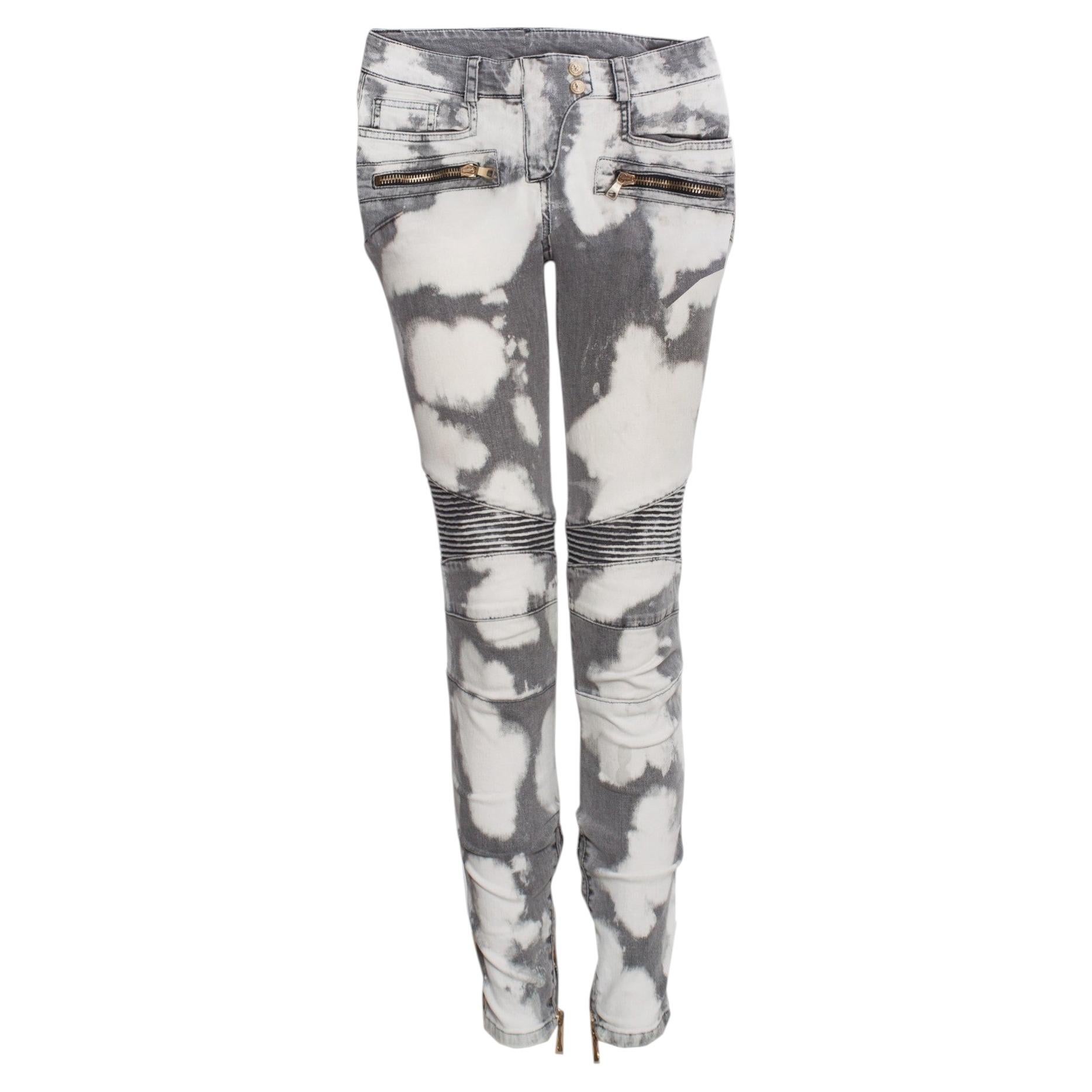 Balmain, Gray biker jeans with bleach stains