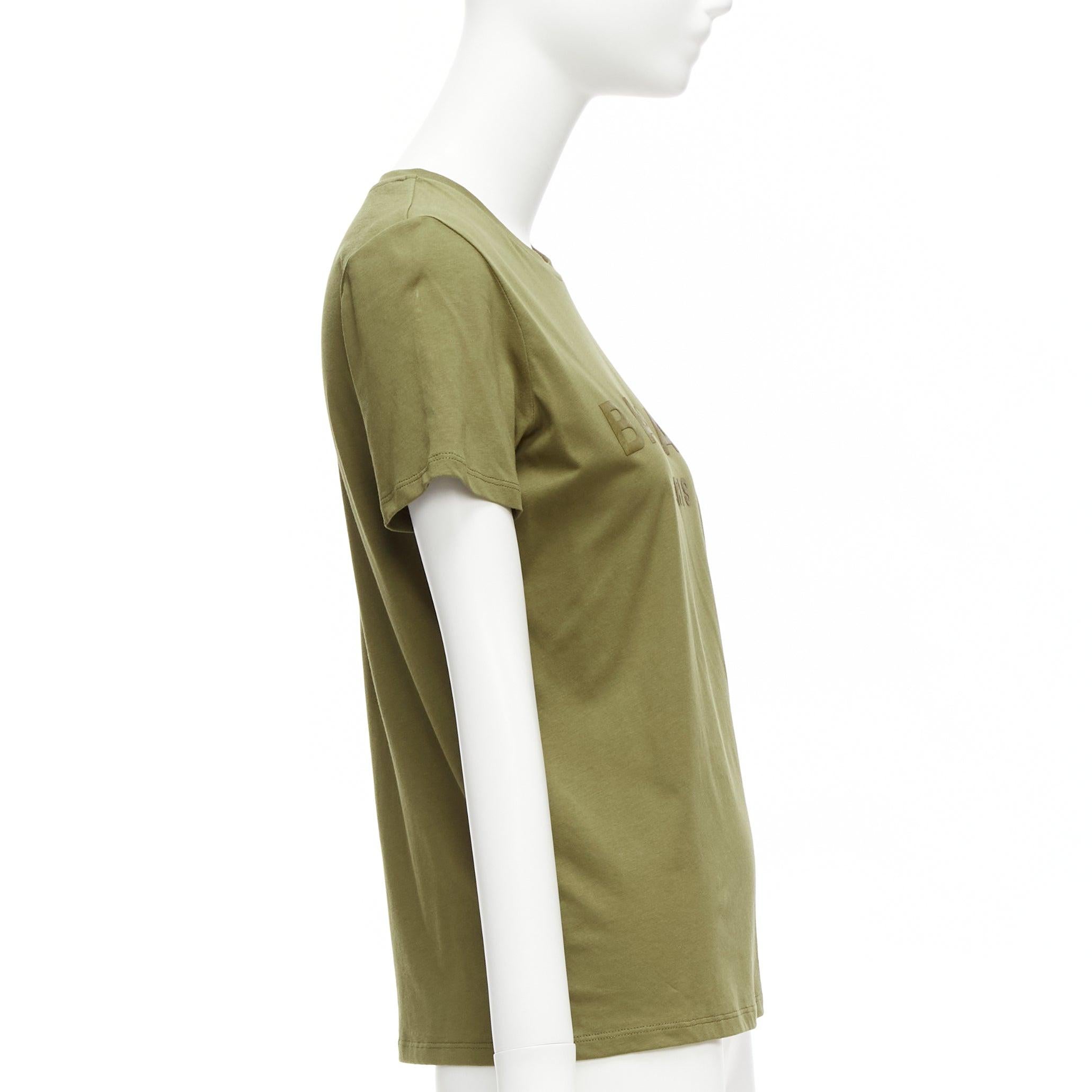 Women's BALMAIN green brown distressed logo military buttons tshirt XS For Sale