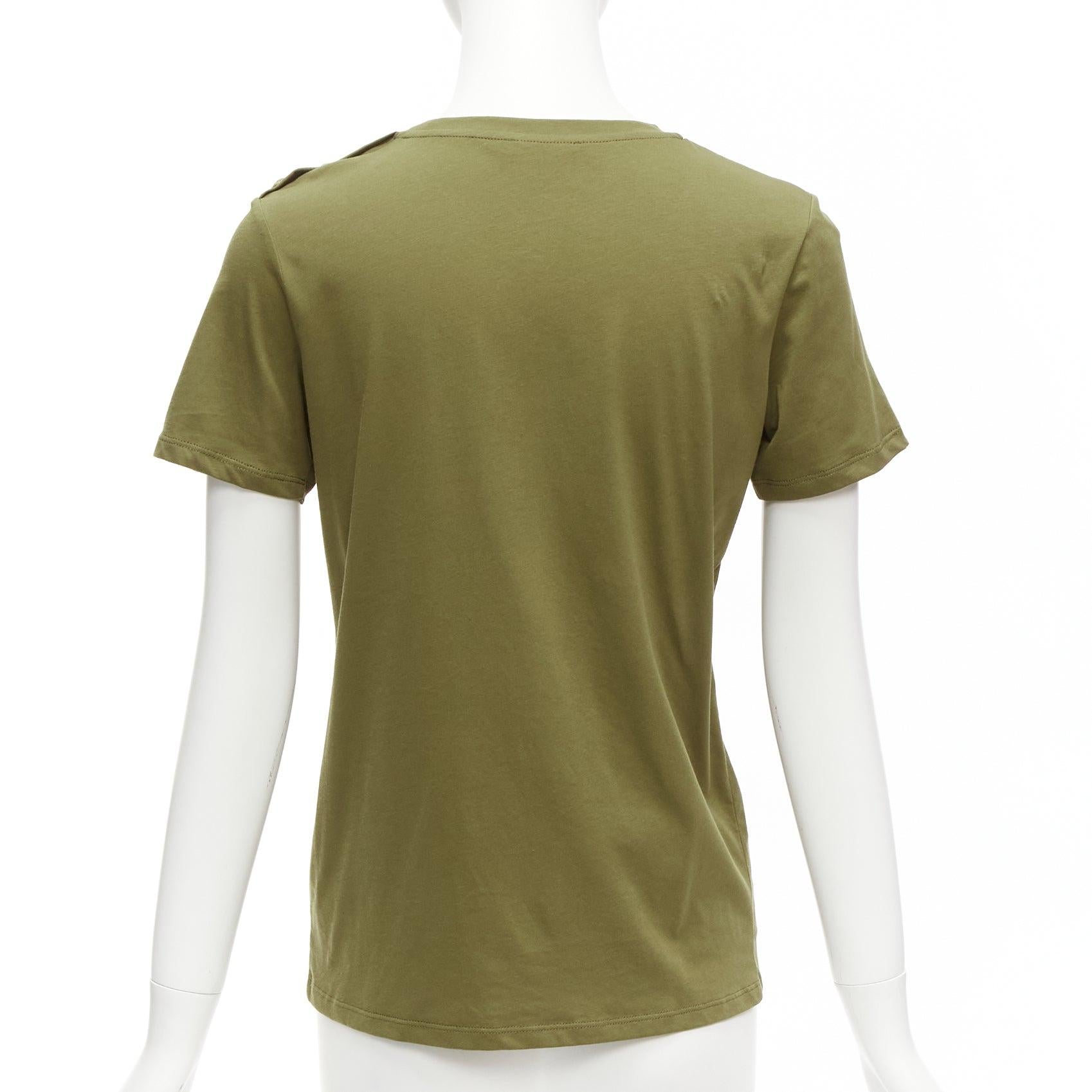 Women's BALMAIN green brown distressed logo military buttons tshirt XS For Sale