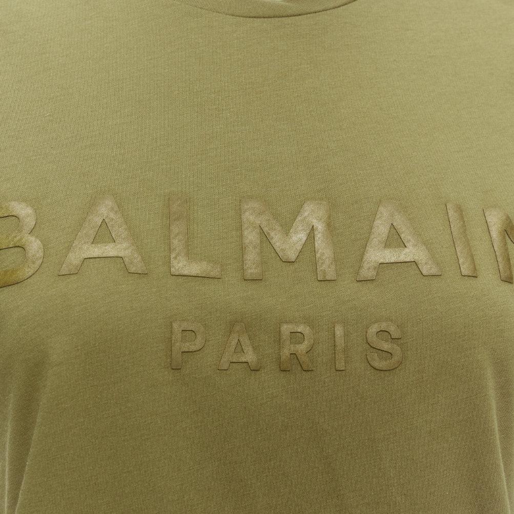 BALMAIN green brown distressed logo military buttons tshirt XS For Sale 2