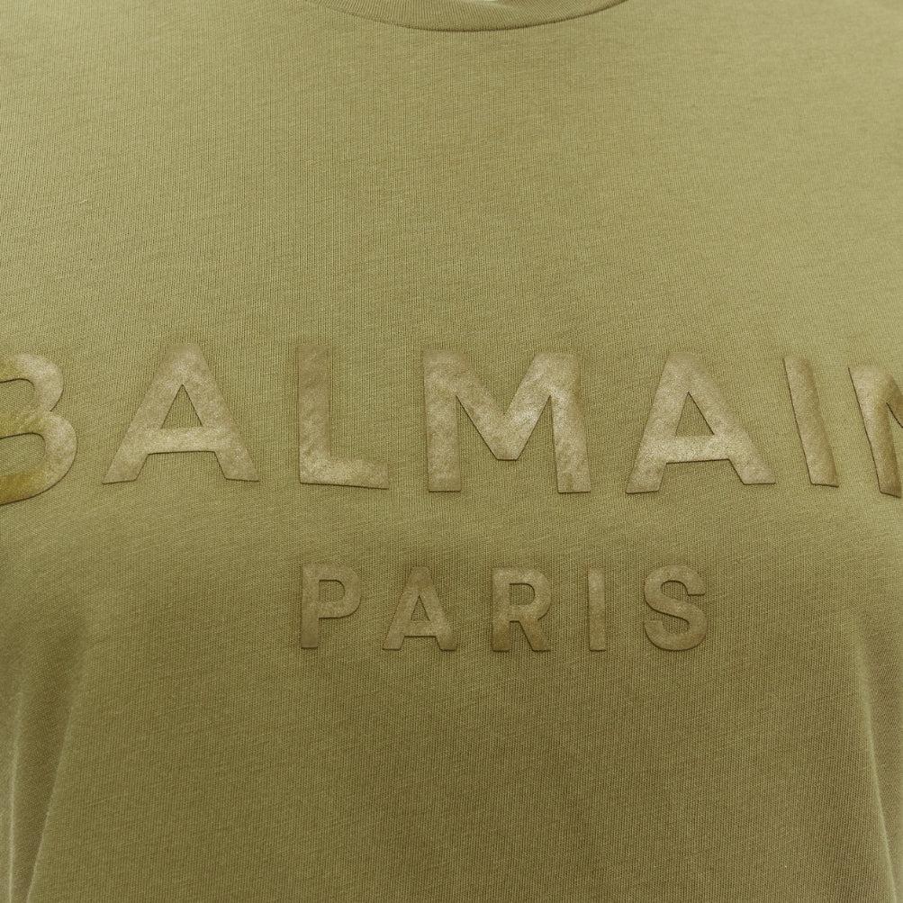 BALMAIN green brown distressed logo military buttons tshirt XS For Sale 3