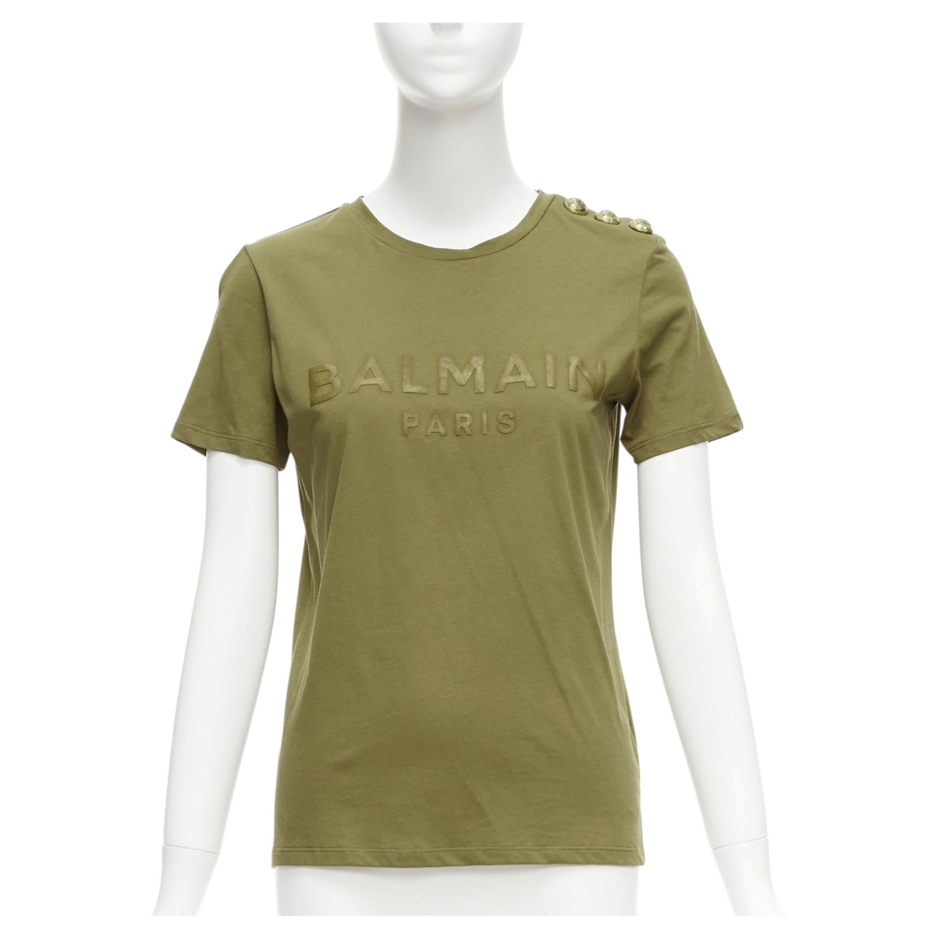 Pre-owned Balmain Green Brown Distressed Logo Military Buttons Tshirt Xs