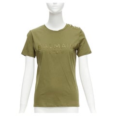 BALMAIN green brown distressed logo military buttons tshirt XS