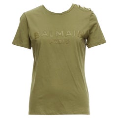BALMAIN green brown distressed logo military buttons tshirt XS