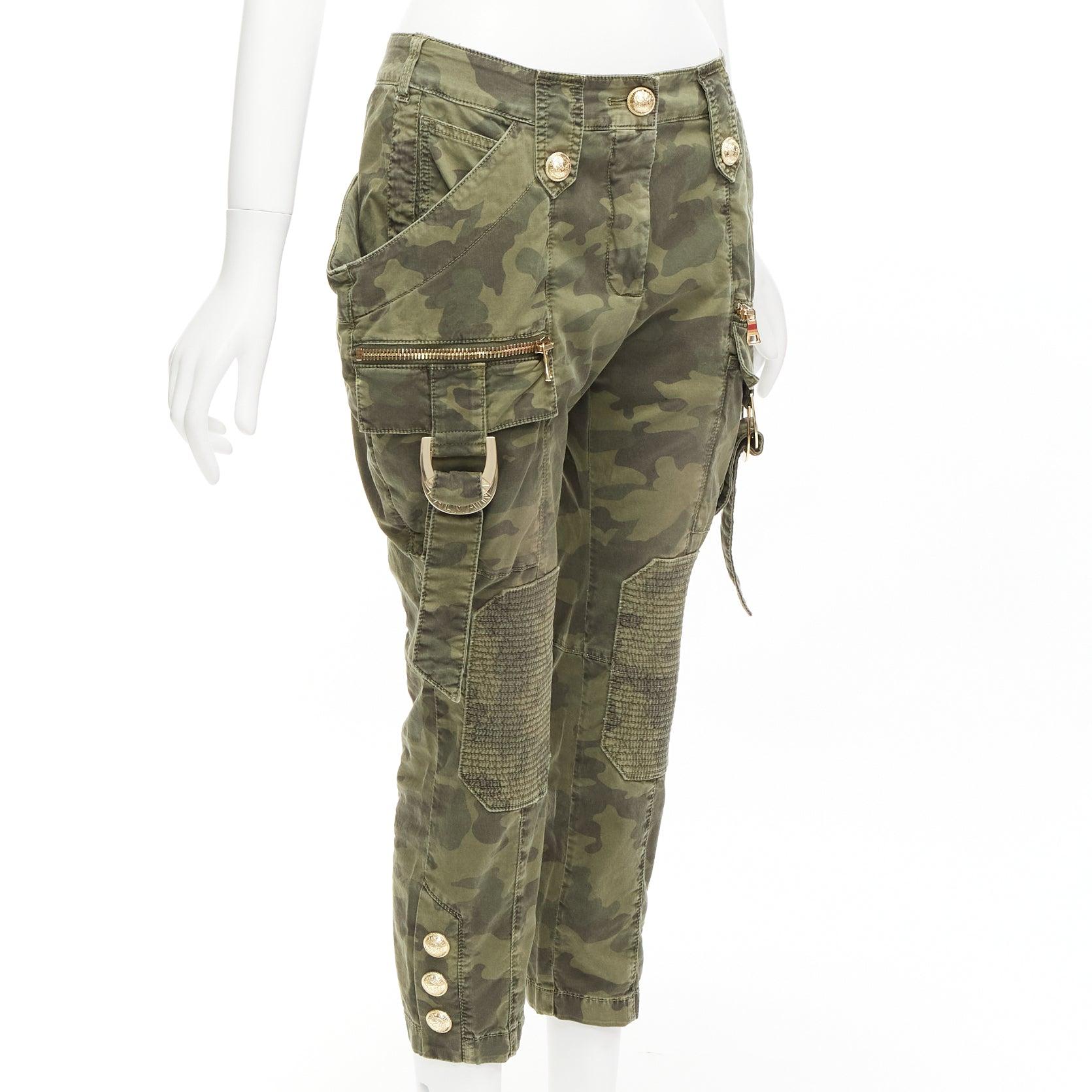 Gray BALMAIN green camo cotton gold hardware mid waist cargo biker pants FR34 XS For Sale