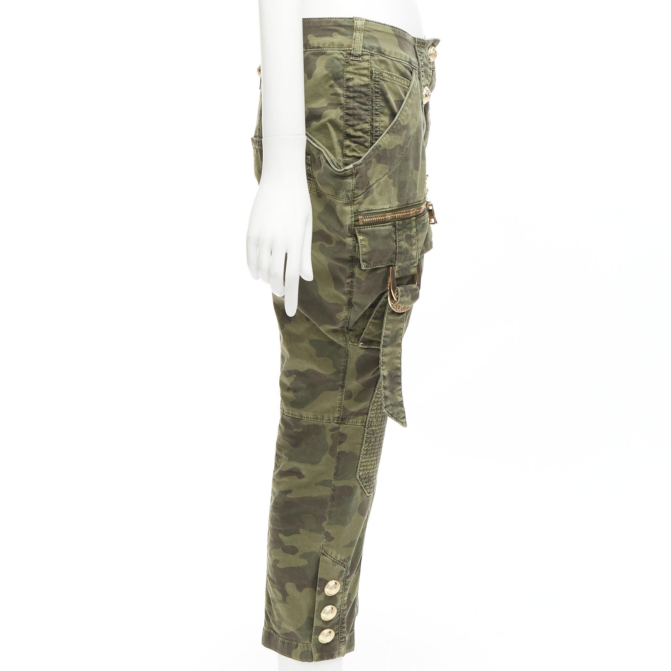 Women's BALMAIN green camo cotton gold hardware mid waist cargo biker pants FR34 XS For Sale