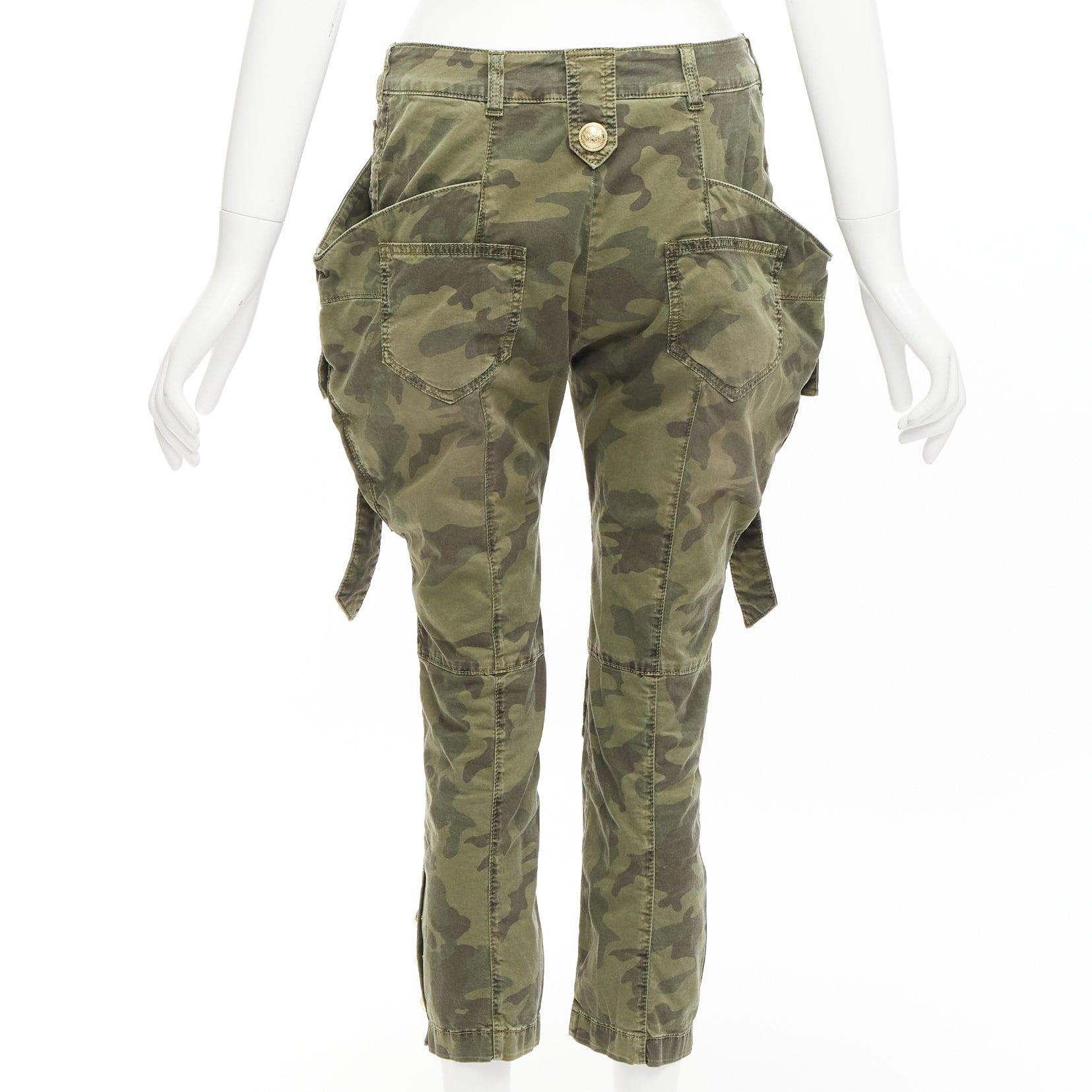 Women's BALMAIN green camo cotton gold hardware mid waist cargo biker pants FR34 XS For Sale