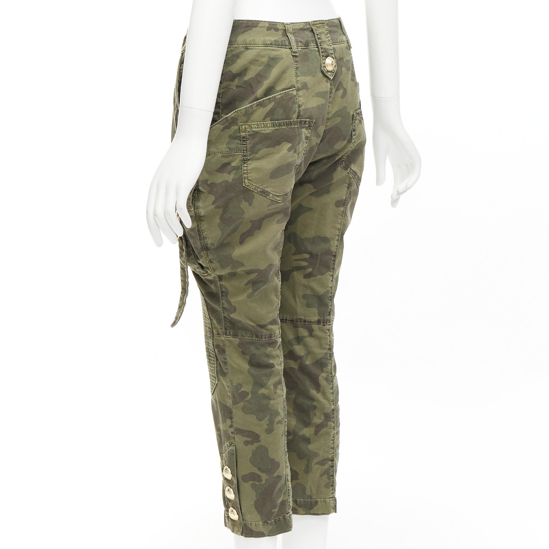 BALMAIN green camo cotton gold hardware mid waist cargo biker pants FR34 XS For Sale 1