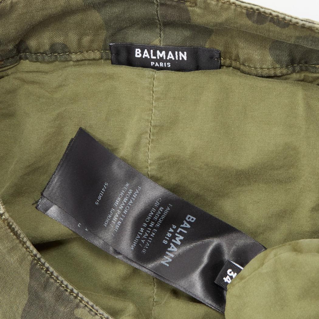 BALMAIN green camo cotton gold hardware mid waist cargo biker pants FR34 XS For Sale 3