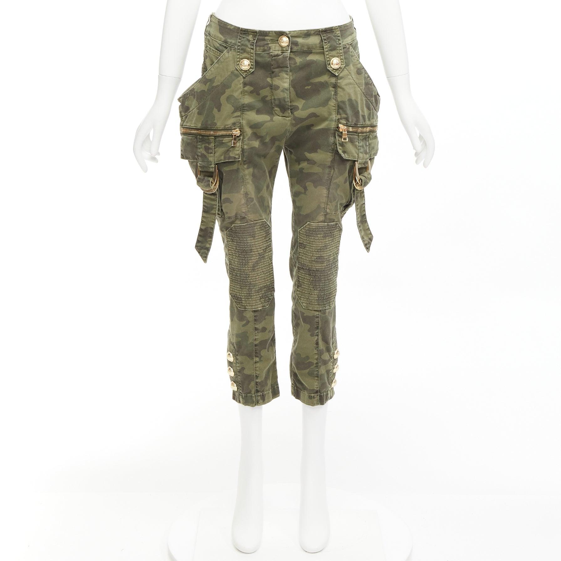 BALMAIN green camo cotton gold hardware mid waist cargo biker pants FR34 XS For Sale 4