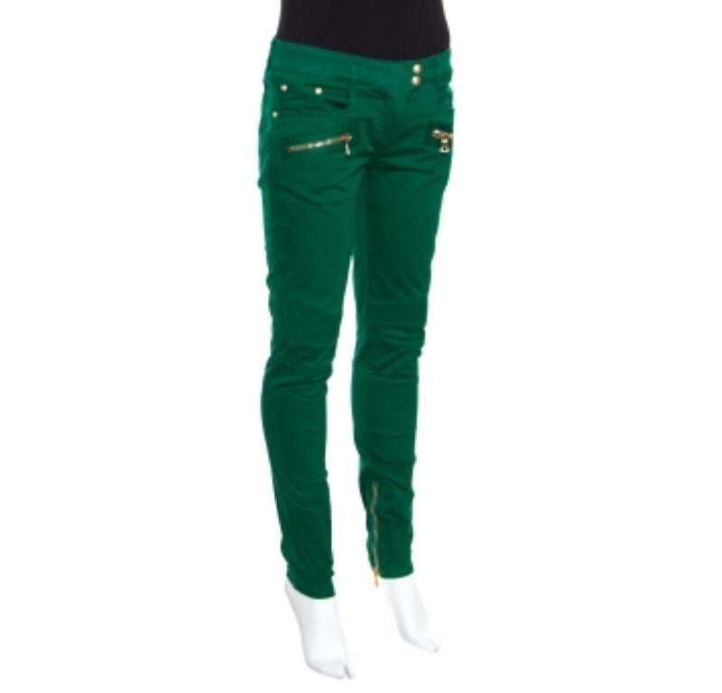 Vaqueros pitillo de denim verde Balmain con panel acanalado y detalle de cremallera S Verde en venta