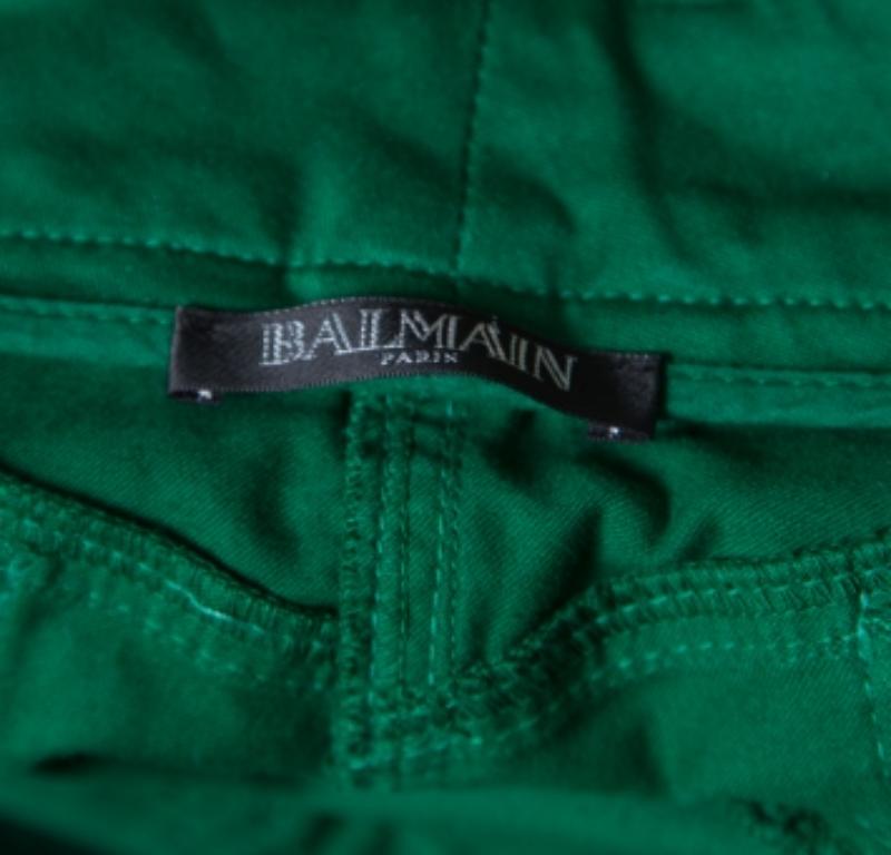 Vaqueros pitillo de denim verde Balmain con panel acanalado y detalle de cremallera S en venta 1