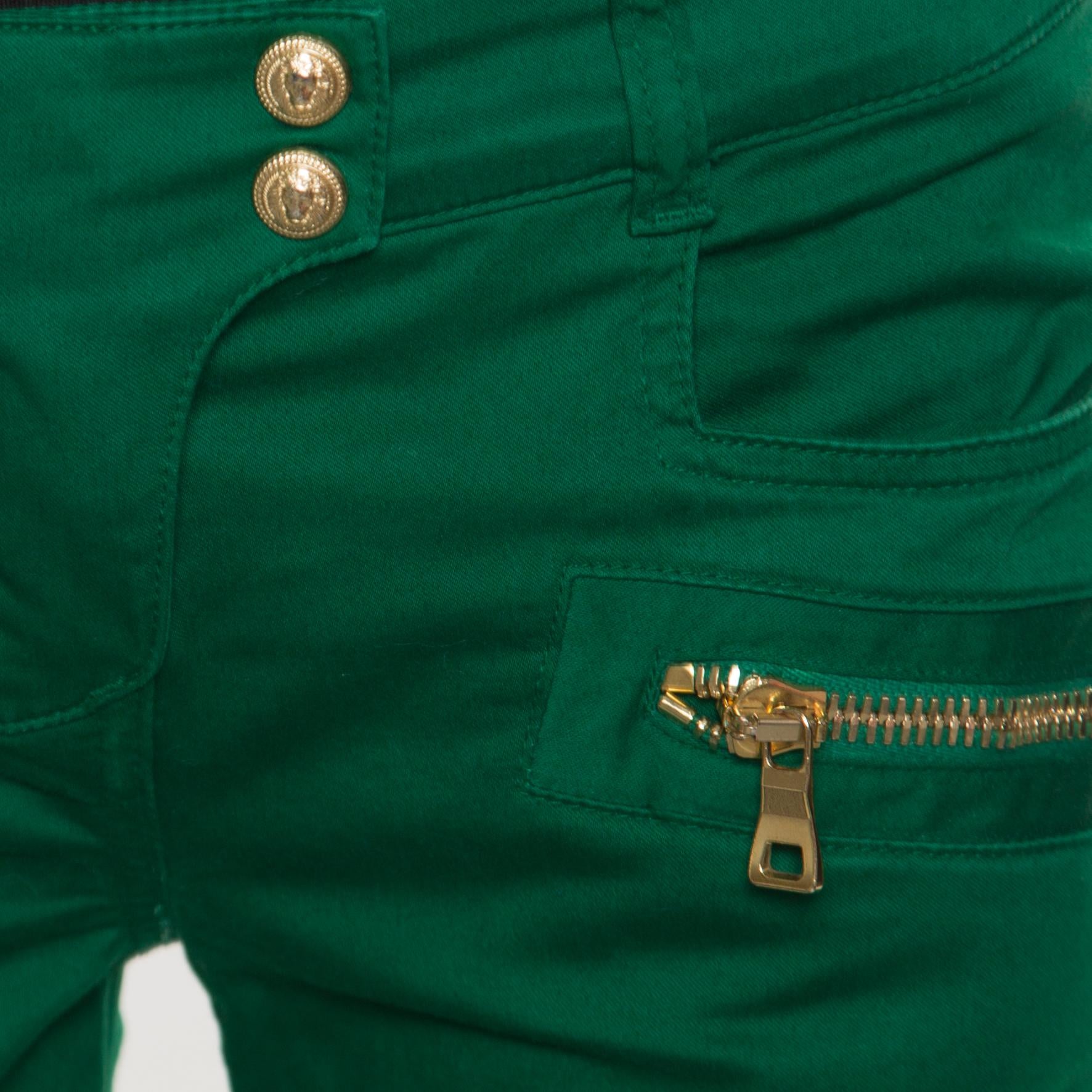 Balmain Green Denim Ribbed Panel Zip Detail Skinny Biker Jeans S In Good Condition For Sale In Dubai, Al Qouz 2