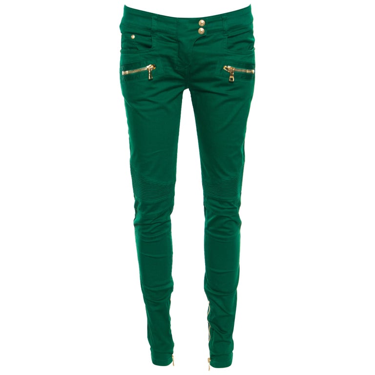 Balmain Green Denim Ribbed Panel Zip Detail Skinny Biker Jeans S For