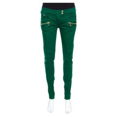 Balmain Green Denim Ribbed Panel Zip Detail Skinny Biker Jeans S