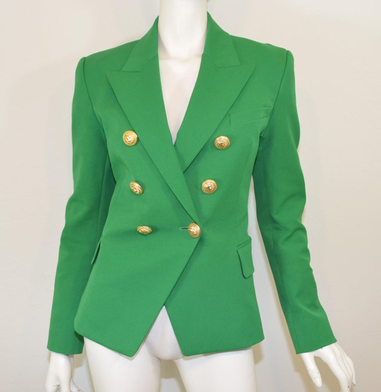 Balmain Green Double-Breasted Blazer with Gold Buttons For Sale at 1stDibs