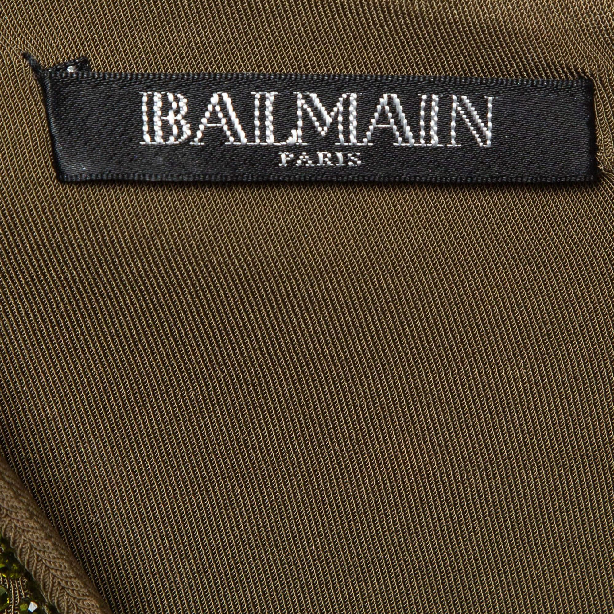 Balmain Green Embellished Jersey V-Neck Sleeveless Dress M In Excellent Condition For Sale In Dubai, Al Qouz 2