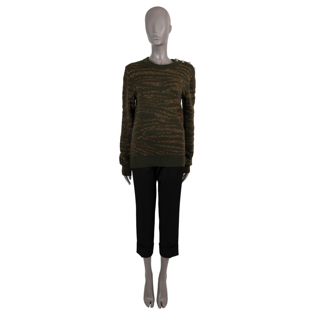 Women's BALMAIN green & gold wool LUREX TIGER BUTTONED TURTLENECK Sweater M For Sale