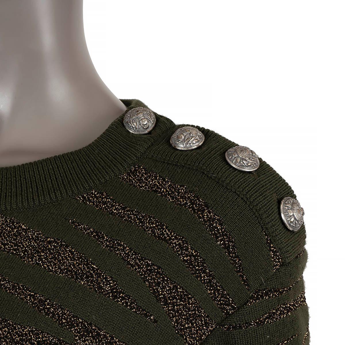 BALMAIN green & gold wool LUREX TIGER BUTTONED TURTLENECK Sweater M For Sale 1