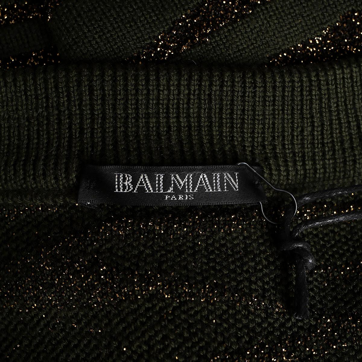 Balmain in lana verde e oro LUREX TIGER BUTTONED TURTLENECK Maglione M. in vendita 1