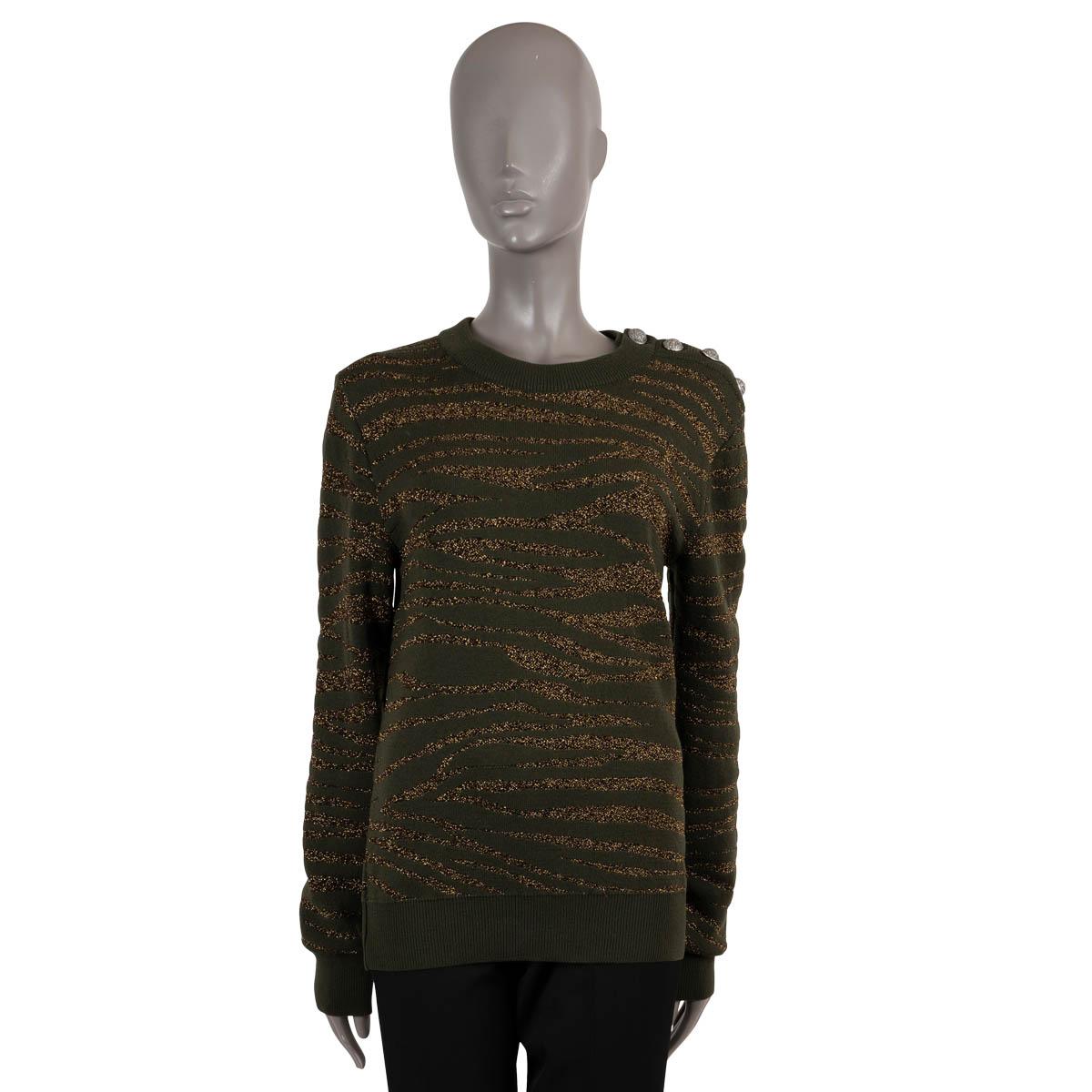 BALMAIN green & gold wool LUREX TIGER BUTTONED TURTLENECK Sweater M For Sale