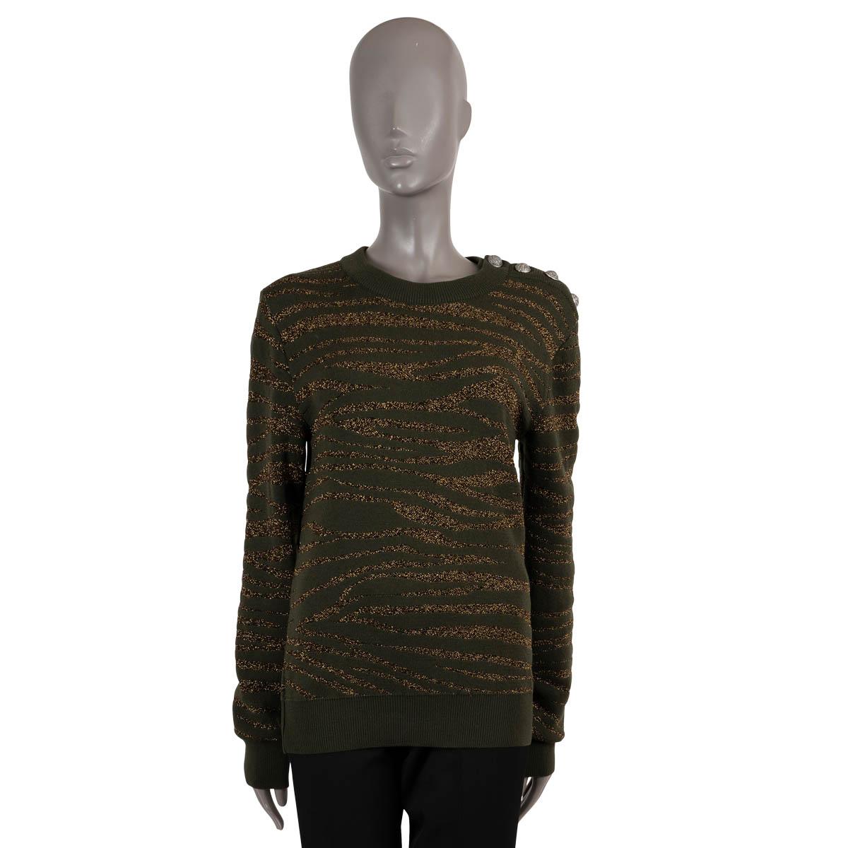 BALMAIN green gold wool LUREX TIGER BUTTONED TURTLENECK Sweater M