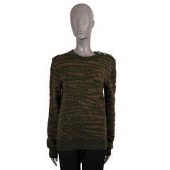 BALMAIN green & gold wool LUREX TIGER BUTTONED TURTLENECK Sweater M