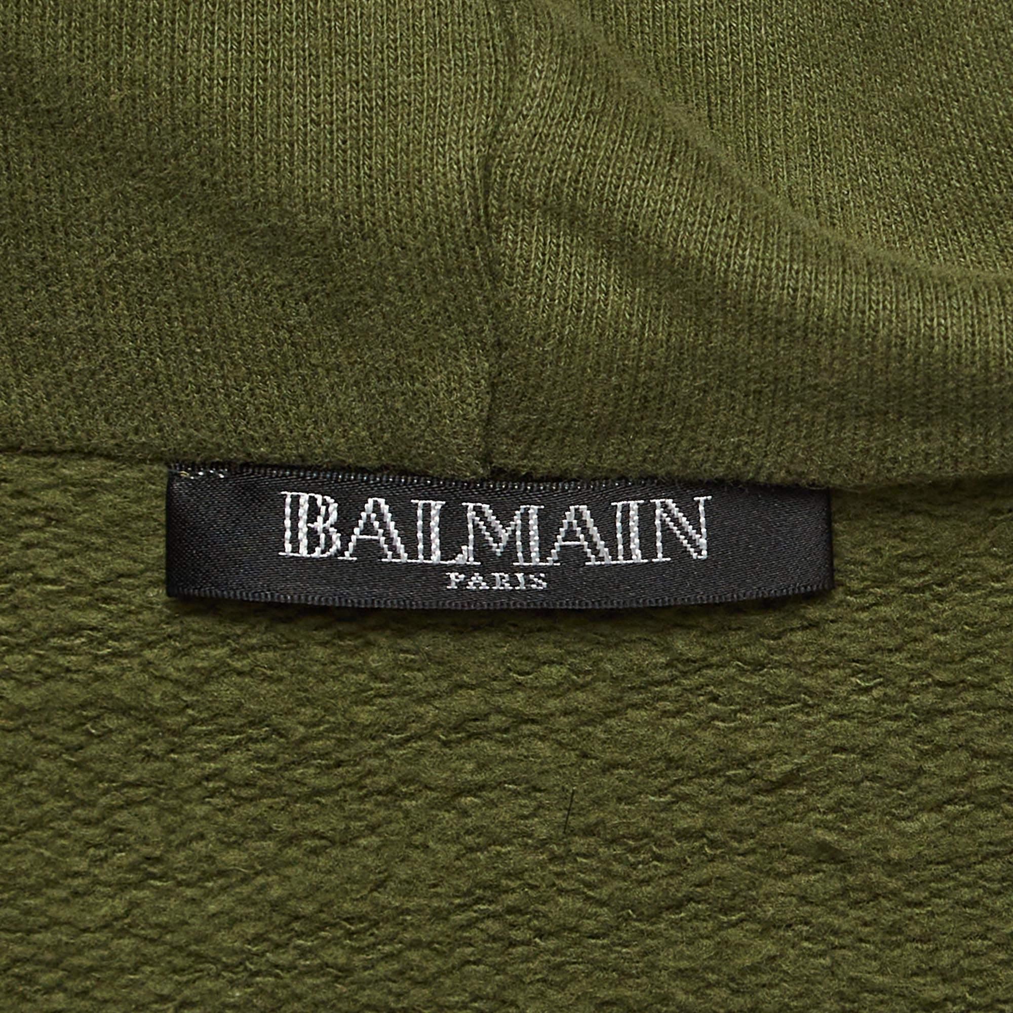 Balmain Green Metallic Applique Cotton Knit Sleeveless Hoodie XS In Fair Condition For Sale In Dubai, Al Qouz 2