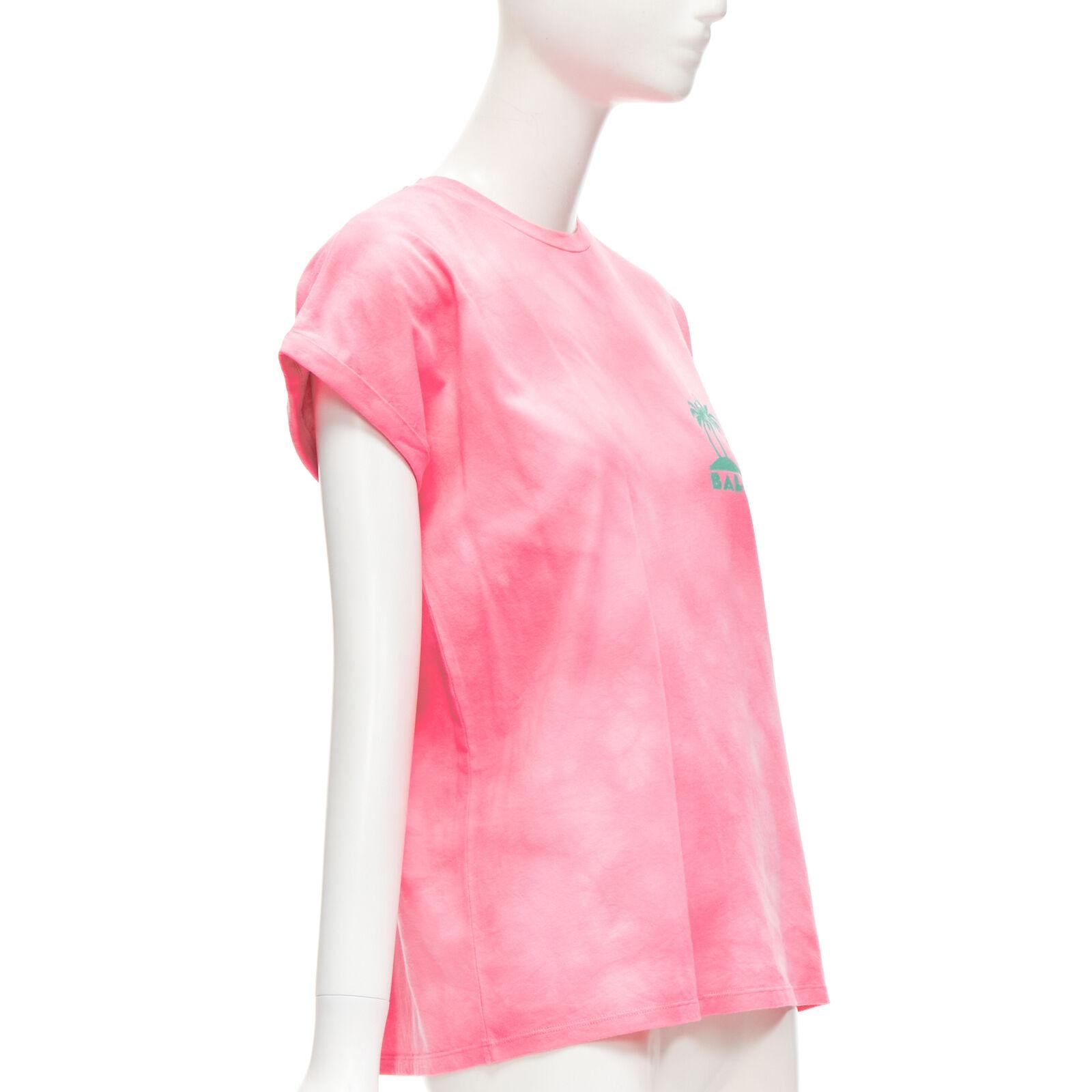 Pink BALMAIN green palm tree logo pink tie dye crew neck cap sleeves tshirt top XXS For Sale