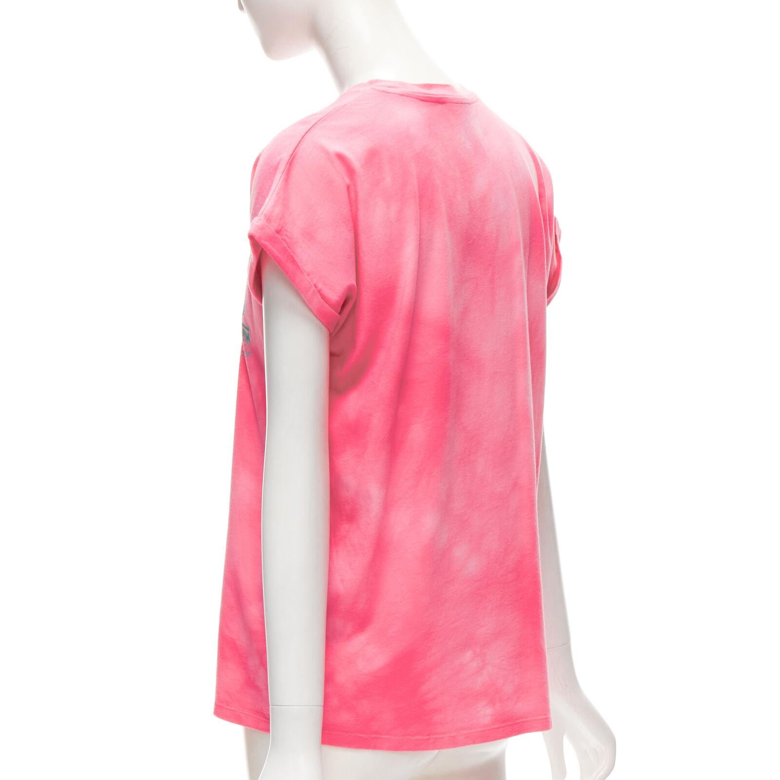 BALMAIN green palm tree logo pink tie dye crew neck cap sleeves tshirt top XXS For Sale 1