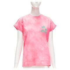 BALMAIN green palm tree logo pink tie dye crew neck cap sleeves tshirt top XXS