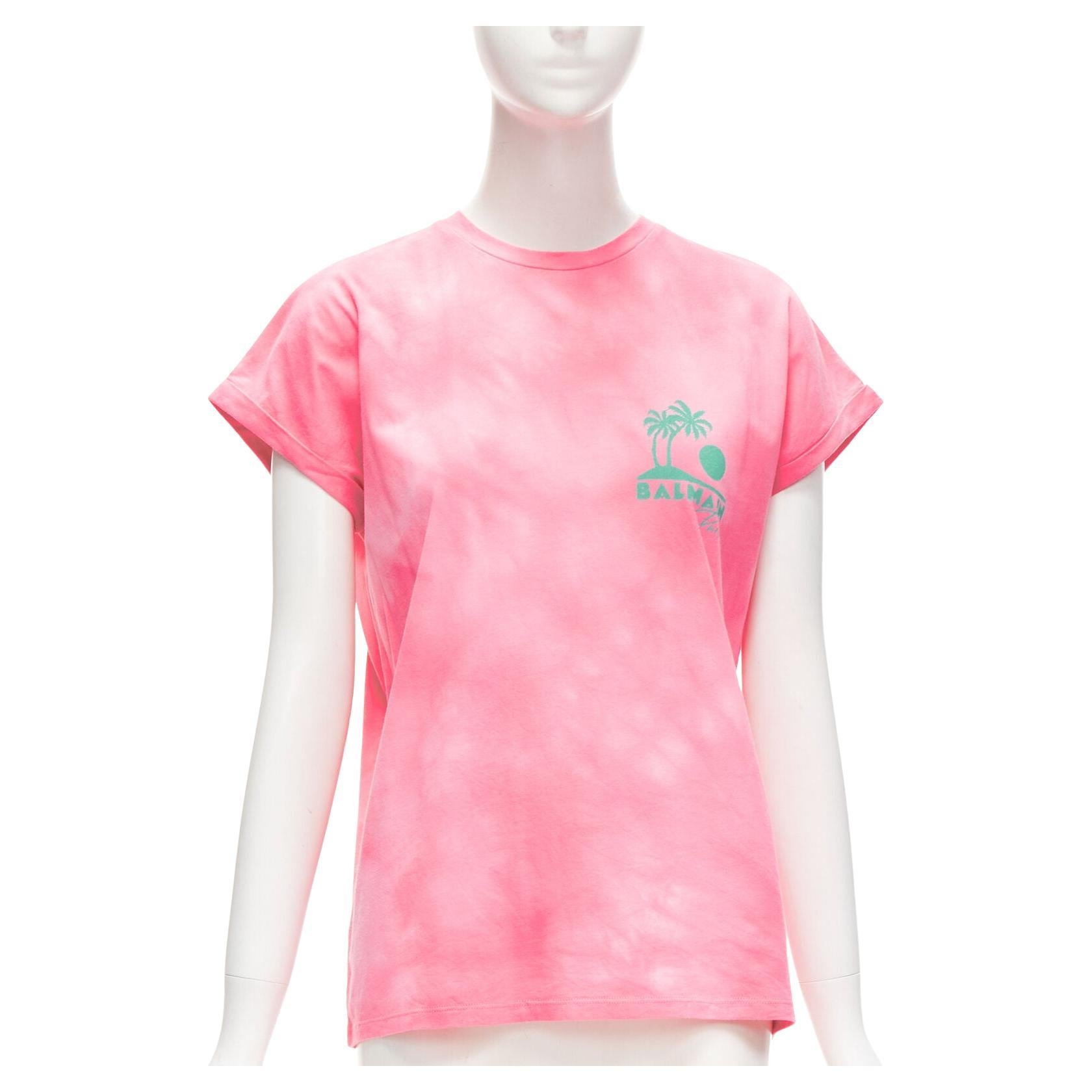 BALMAIN green palm tree logo pink tie dye crew neck cap sleeves tshirt top XXS For Sale