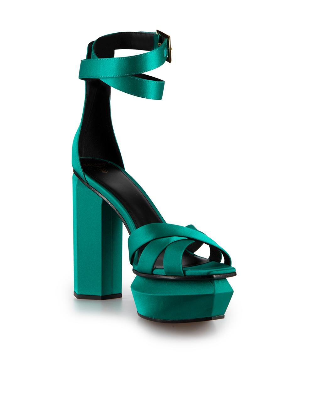 CONDITION is Never worn, with tags. No visible wear to sandals is evident on this new
Balmain designer resale item. This item comes with original box.
  
Details
Green
Satin
Sandals
Open square toe
Platform high heel
Ankle buckled strap closure
 