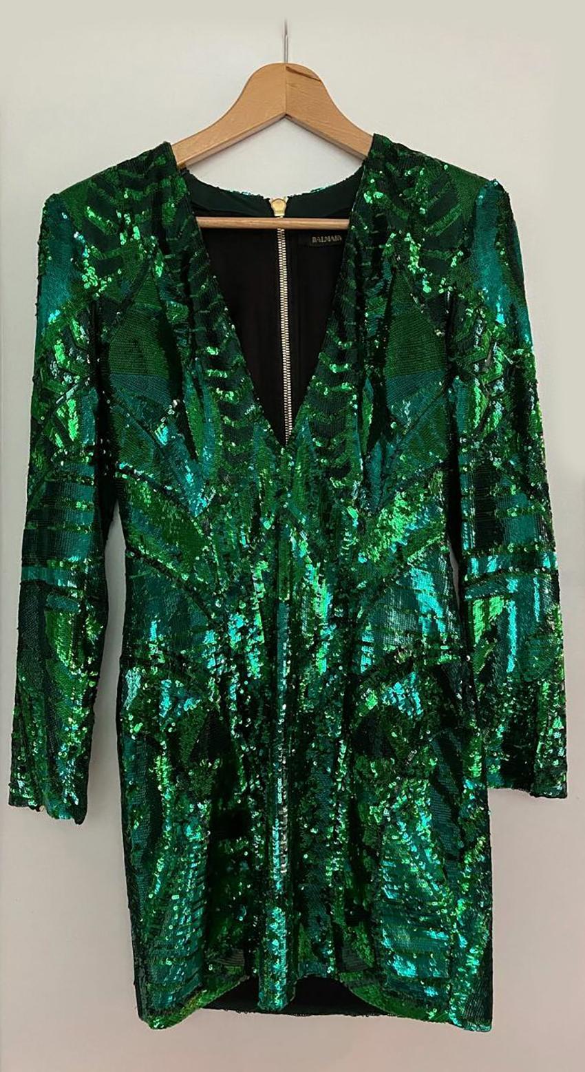 BALMAIN GREEN SEQUINS Mini DRESS 36 - 4 For Sale at 1stDibs