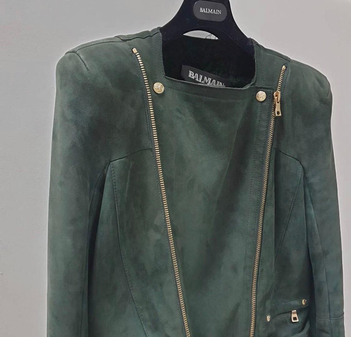 Balmain Green Shearling Biker Style Leather Jacket For Sale at 1stDibs