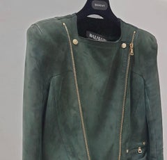 Balmain Green Shearling Biker Style Leather Jacket