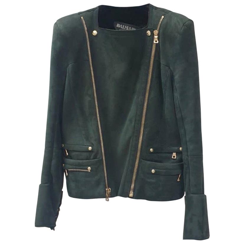 Balmain Green Shearling Biker Style Leather Jacket 