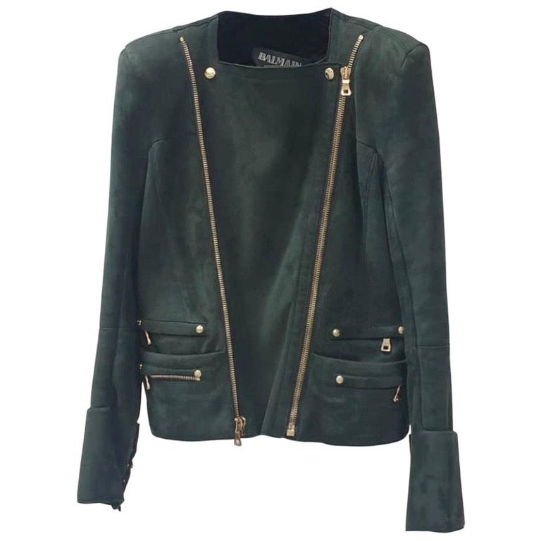 Balmain Green Shearling Biker Style Leather Jacket For Sale at 1stDibs