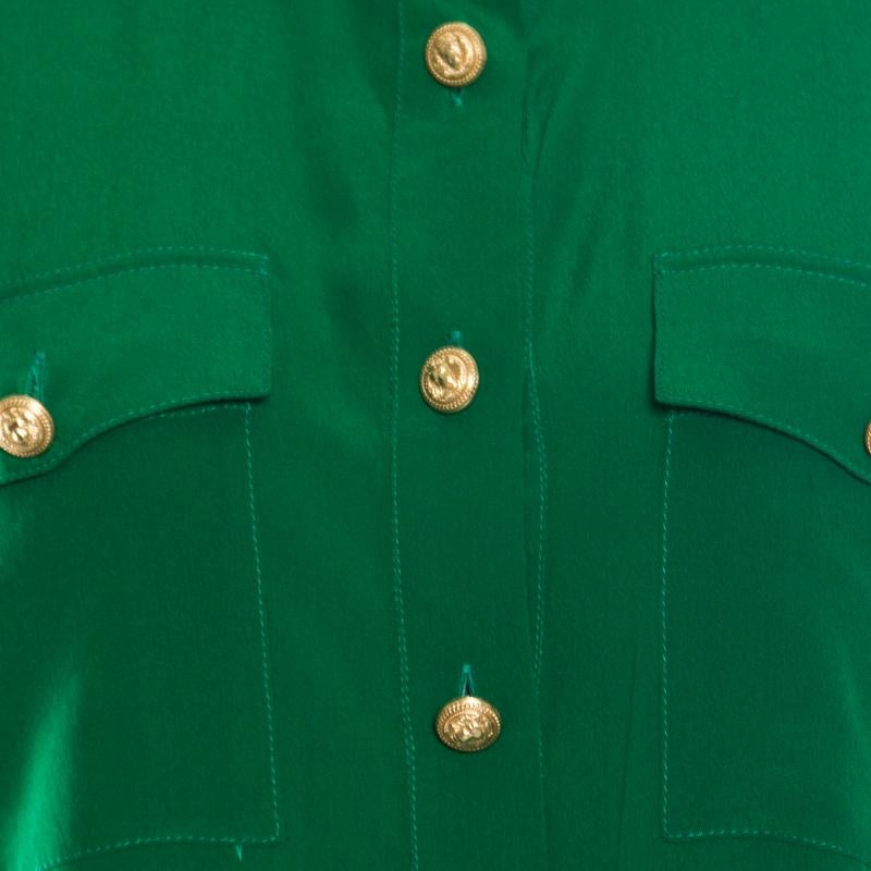 Balmain Green Silk Gold Button Detail Long Sleeve Classic Shirt M In Good Condition In Dubai, Al Qouz 2